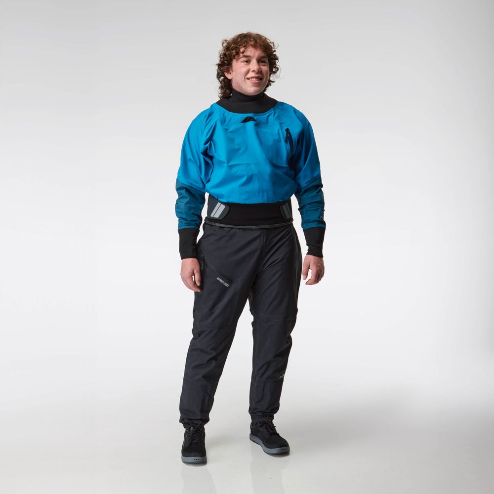 Front view of NRS Men's Freefall Dry Pant, black, showing the full-length design and waist sealing.