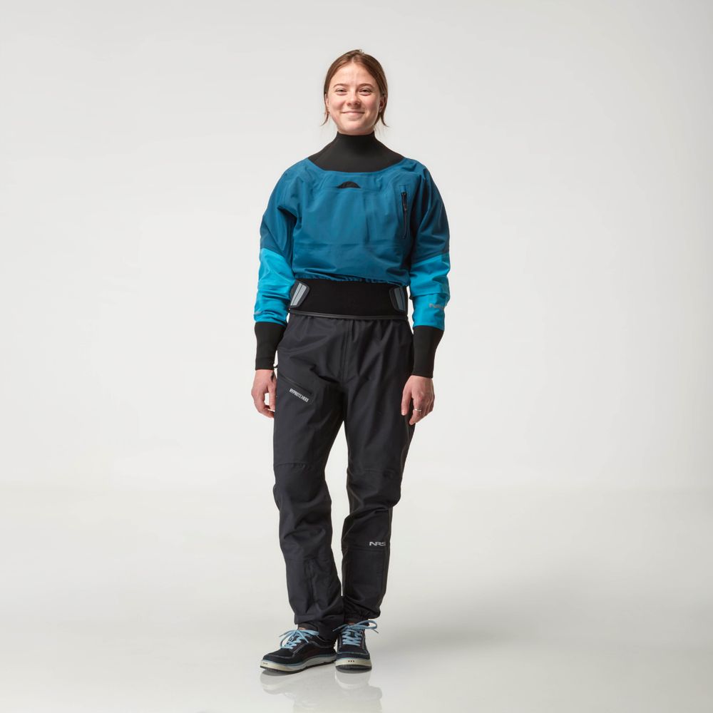 Front view of the NRS Women's Freefall Dry Pant, black waterproof pants with adjustable waistband.