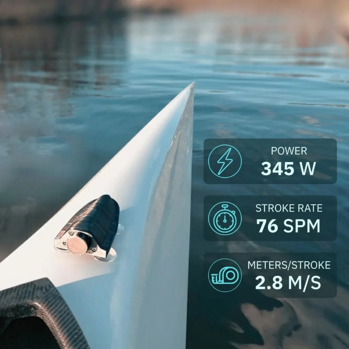 PaddlePulse Pro paddle sensor mounted on a kayak stern - live power, stroke rate and meters per stroke overlay