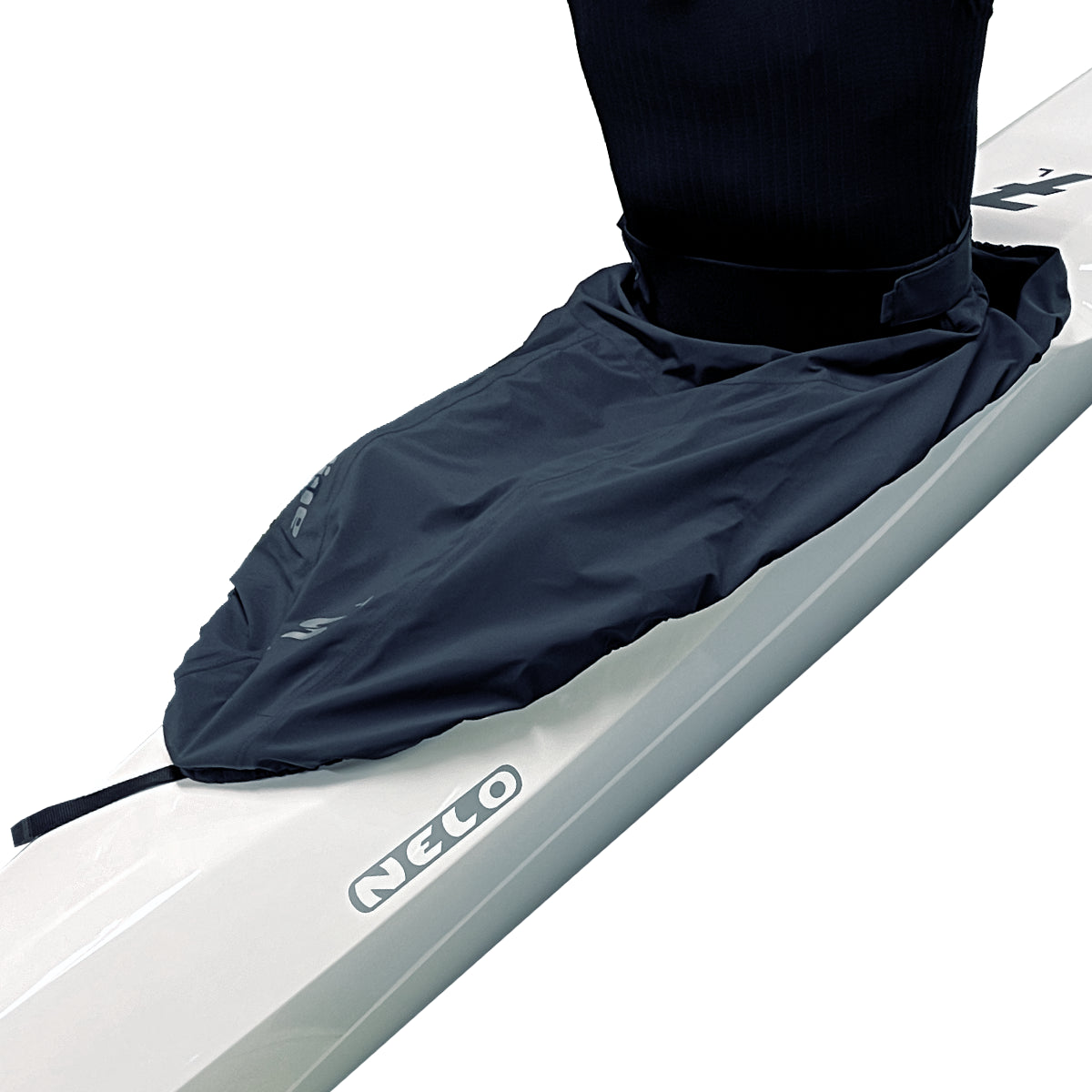 Sandiline racing sprayskirt in stretch material black, on racing K1 cockpit