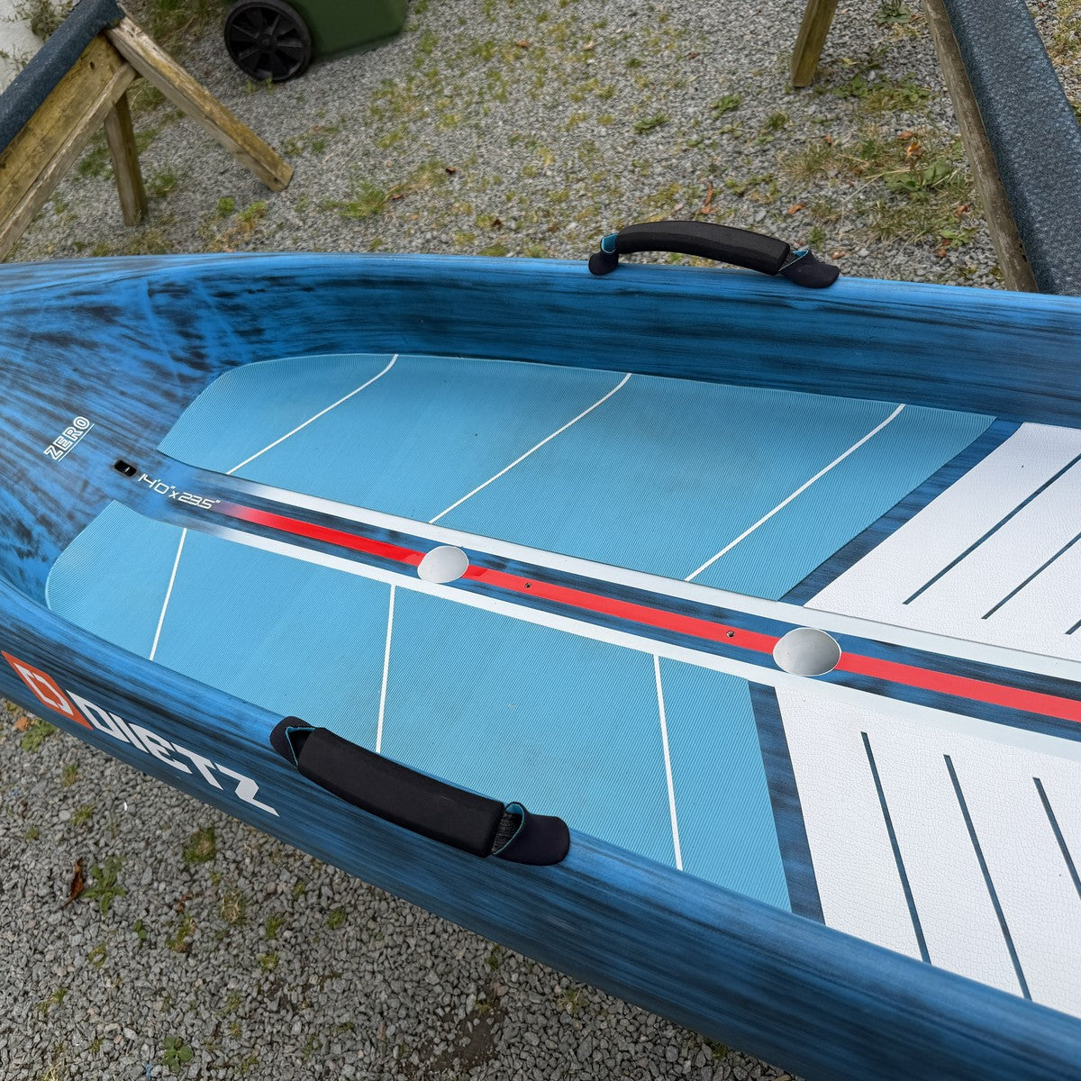 Starboard Sprint Zero 14'0 x 23.5 used - standing area close-up with Zero decal and handles