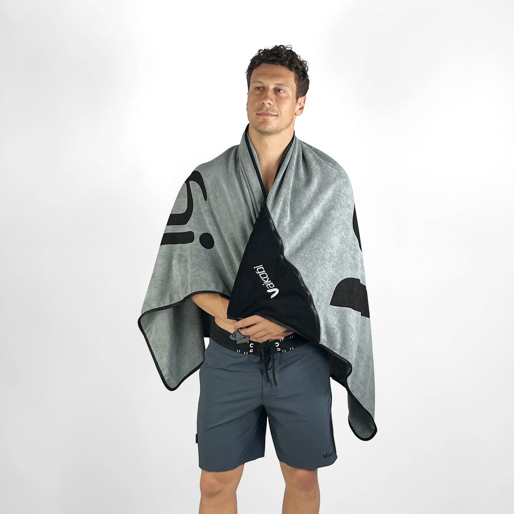 Vaikobi Beach Towel with Zip Pocket Grey - front view worn over shoulders