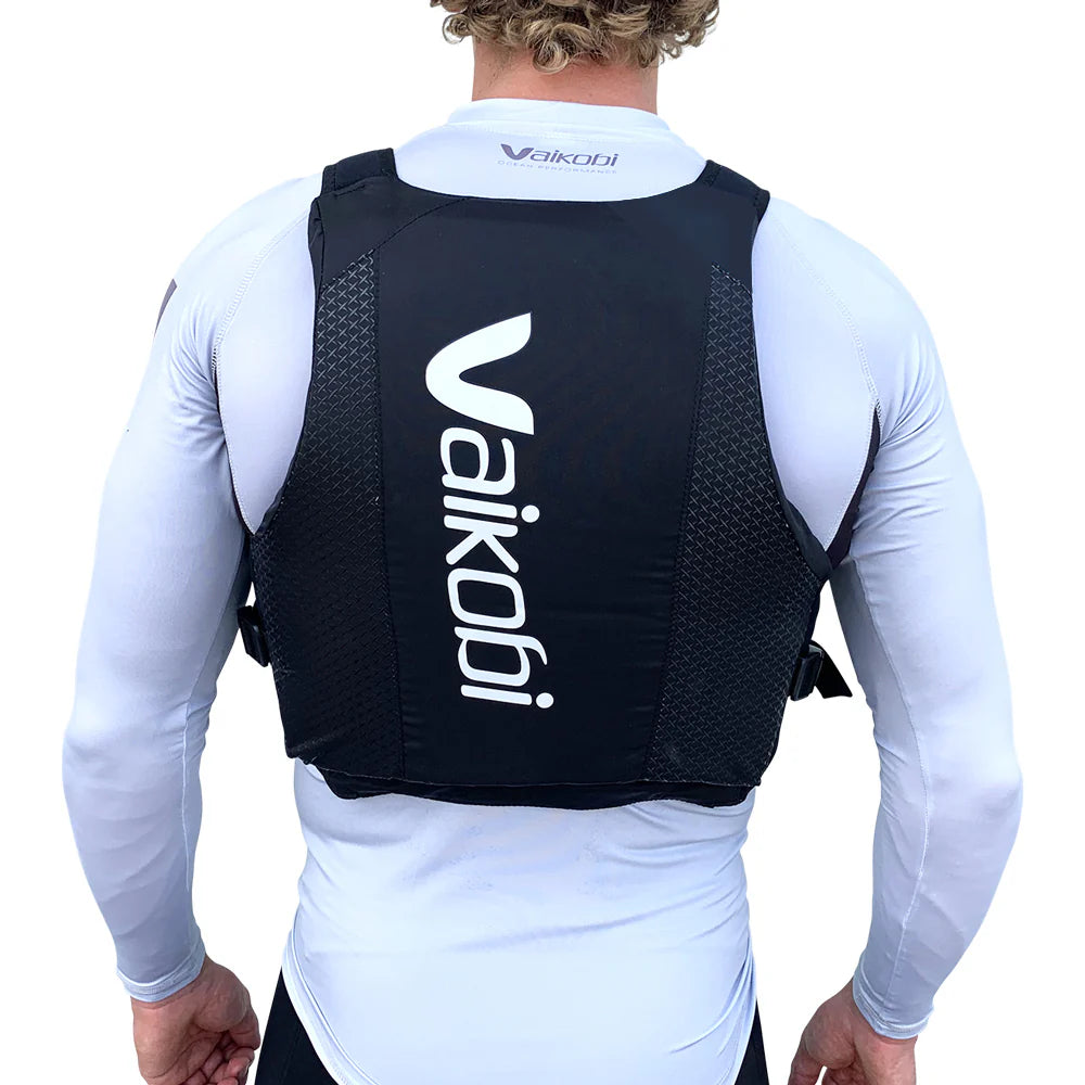 Vaikobi race pfd surfski sup life vest black back with male model