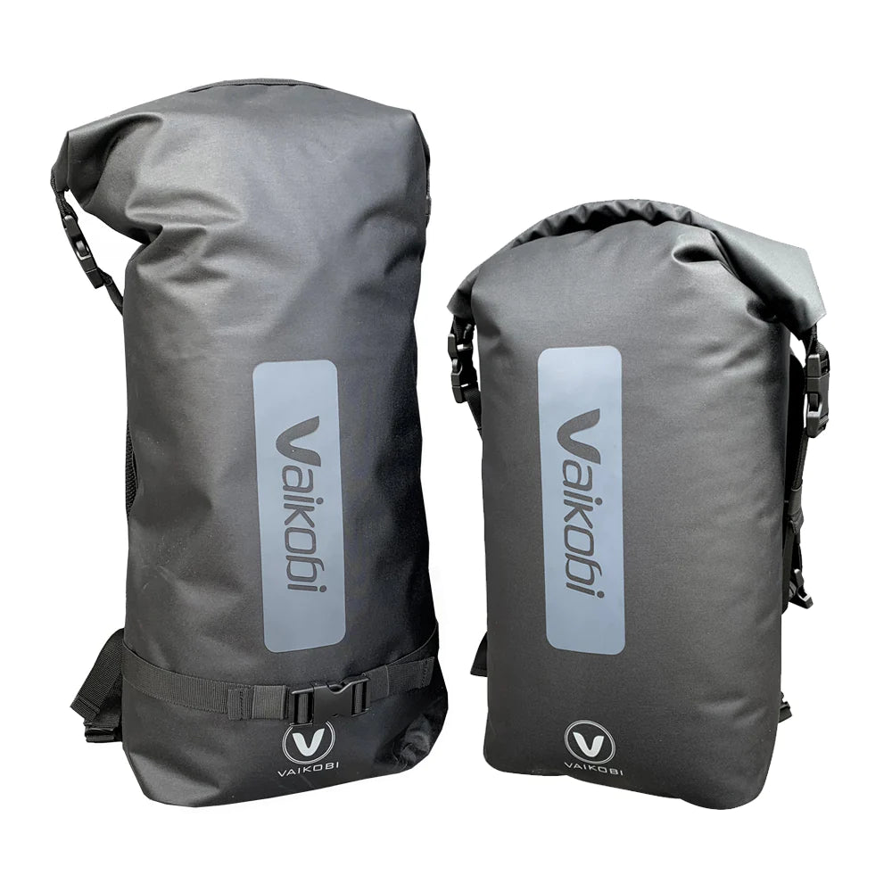 Vaikobi 30 liter dry backpack, showing min and max capacity