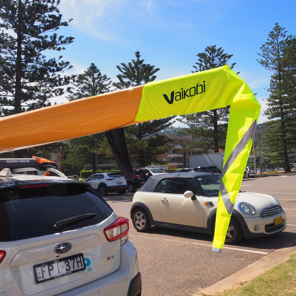 Vaikobi Tail Flag Ski - surfski on car roof transport